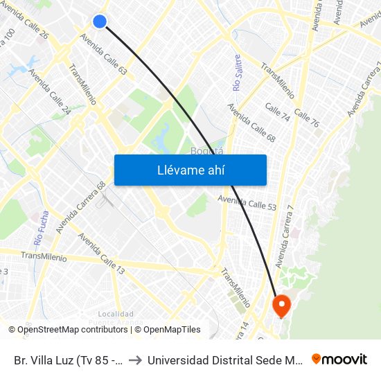Br. Villa Luz (Tv 85 - Cl 64i) to Universidad Distrital Sede Macarena B map