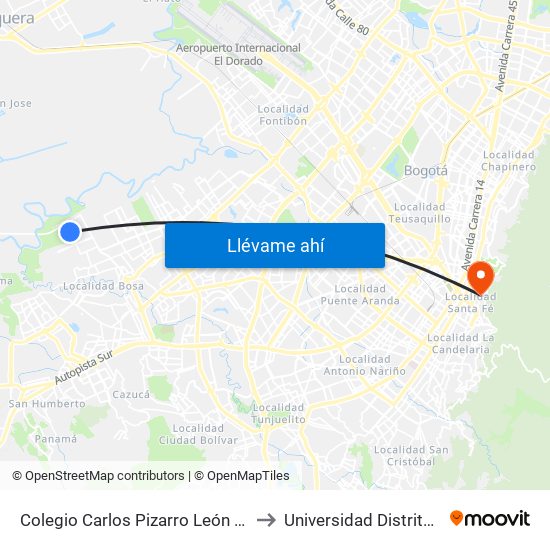 Colegio Carlos Pizarro León Gómez (Cl 73 Sur - Kr 103) to Universidad Distrital Sede Macarena B map