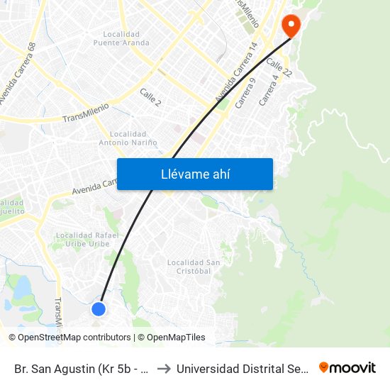 Br. San Agustin (Kr 5b - Cl 48z Bis Sur) to Universidad Distrital Sede Macarena B map