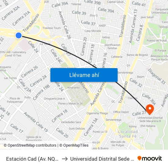 Estación Cad (Av. NQS - Cl 22c) to Universidad Distrital Sede Macarena B map