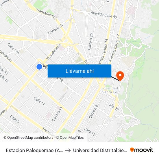 Estación Paloquemao (Av. NQS - Cl 17a) to Universidad Distrital Sede Macarena B map