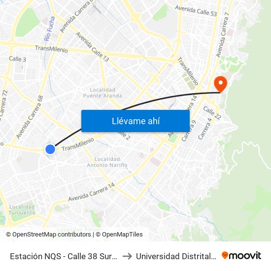 Estación NQS - Calle 38 Sur (Auto Sur - Dg 38a Sur) to Universidad Distrital Sede Macarena B map