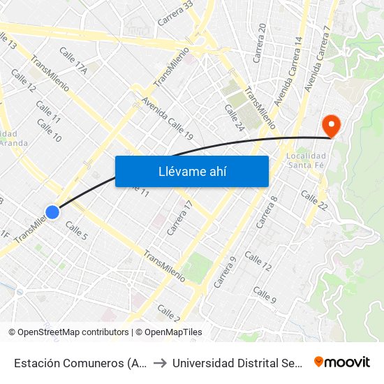 Estación Comuneros (Av. NQS - Cl 4a) to Universidad Distrital Sede Macarena B map