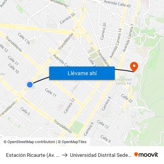 Estación Ricaurte (Av. NQS - Cl 9) to Universidad Distrital Sede Macarena B map
