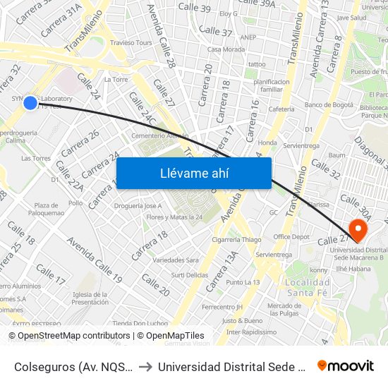 Colseguros (Av. NQS - Cl 22a) to Universidad Distrital Sede Macarena B map