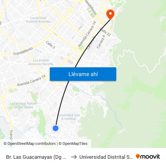 Br. Las Guacamayas (Dg 39 Sur - Kr 1d Este) to Universidad Distrital Sede Macarena B map