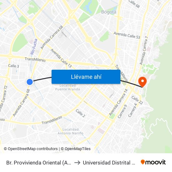Br. Provivienda Oriental (Ak 68 - Cl 11 Sur) (A) to Universidad Distrital Sede Macarena B map