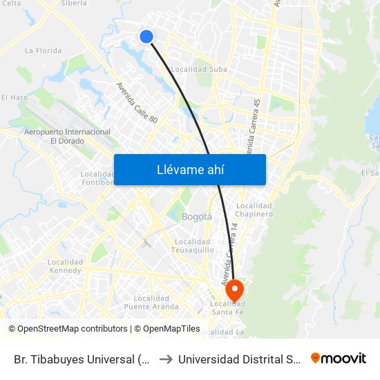 Br. Tibabuyes Universal (Tv 127 - Dg 138c) to Universidad Distrital Sede Macarena B map