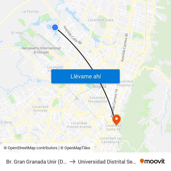 Br. Gran Granada Unir (Dg 77 - Tv 120a) to Universidad Distrital Sede Macarena B map