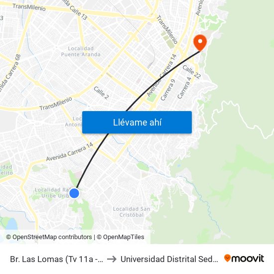 Br. Las Lomas (Tv 11a - Dg 38g Sur) to Universidad Distrital Sede Macarena B map