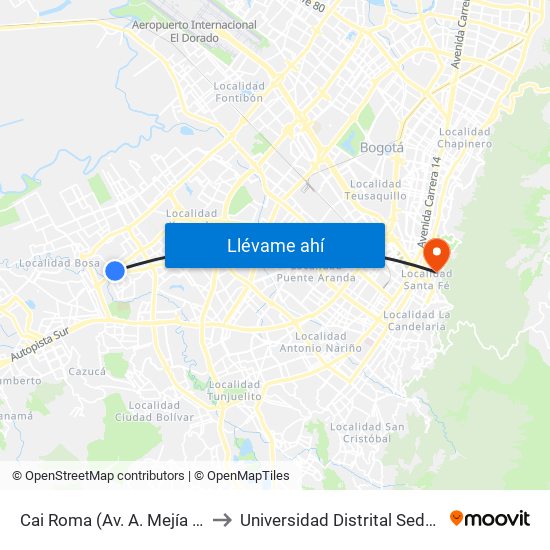 Cai Roma (Av. A. Mejía - Cl 55a Sur) to Universidad Distrital Sede Macarena B map