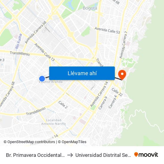 Br. Primavera Occidental (Kr 41a - Cl 3c) to Universidad Distrital Sede Macarena B map