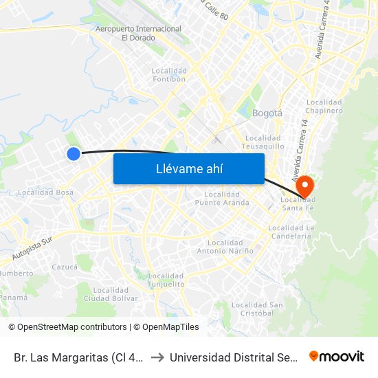 Br. Las Margaritas (Cl 49 Sur - Kr 90a) to Universidad Distrital Sede Macarena B map