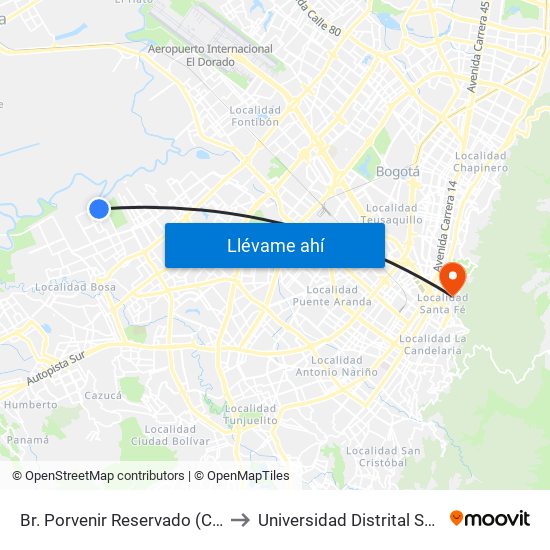 Br. Porvenir Reservado (Cl 50 Sur - Kr 98b) to Universidad Distrital Sede Macarena B map