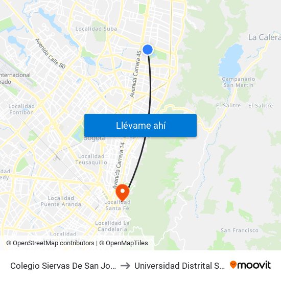 Colegio Siervas De San José (Ak 19 - Cl 131) to Universidad Distrital Sede Macarena B map