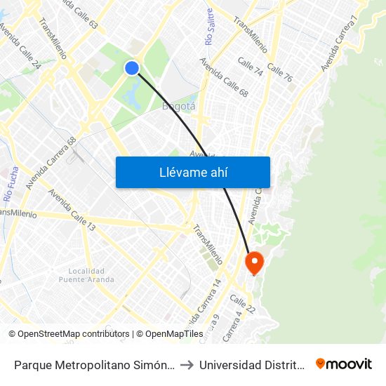 Parque Metropolitano Simón Bolívar (Ak 68 - Ac 63) (A) to Universidad Distrital Sede Macarena B map