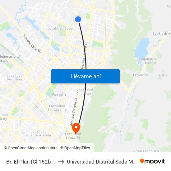 Br. El Plan (Cl 152b - Kr 58) to Universidad Distrital Sede Macarena B map