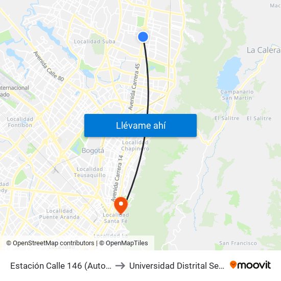 Estación Calle 146 (Auto Norte - Cl 150) to Universidad Distrital Sede Macarena B map