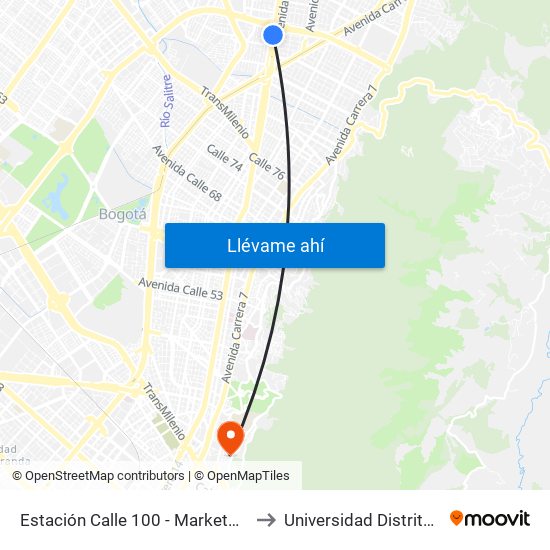 Estación Calle 100 - Marketmedios (Auto Norte - Cl 95) to Universidad Distrital Sede Macarena B map
