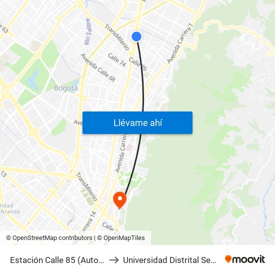 Estación Calle 85 (Auto Norte - Cl 85) to Universidad Distrital Sede Macarena B map