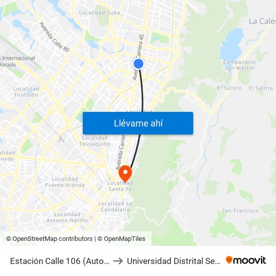 Estación Calle 106 (Auto Norte - Cl 105) to Universidad Distrital Sede Macarena B map