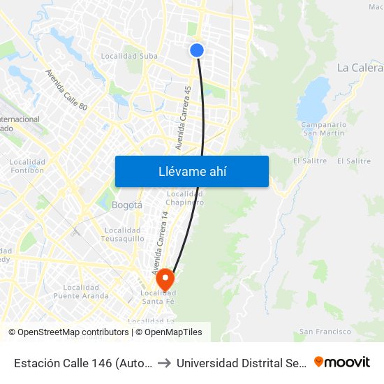 Estación Calle 146 (Auto Norte - Cl 148) to Universidad Distrital Sede Macarena B map