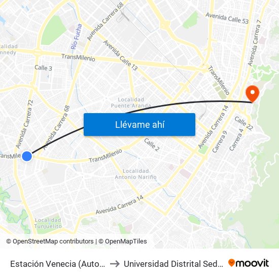 Estación Venecia (Auto Sur - Kr 54a) to Universidad Distrital Sede Macarena B map