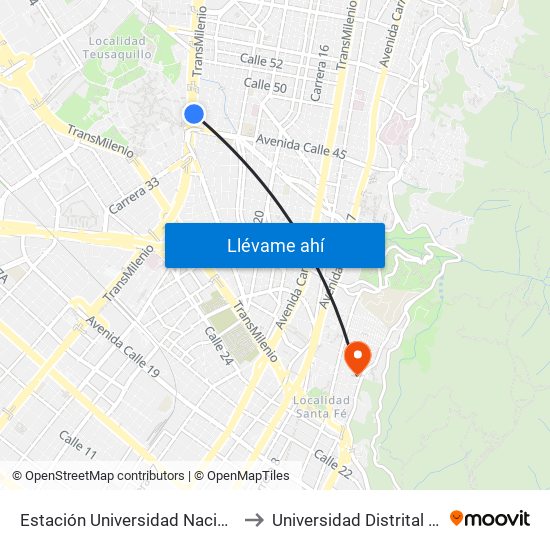 Estación Universidad Nacional (Av. NQS - Cl 45a) to Universidad Distrital Sede Macarena B map