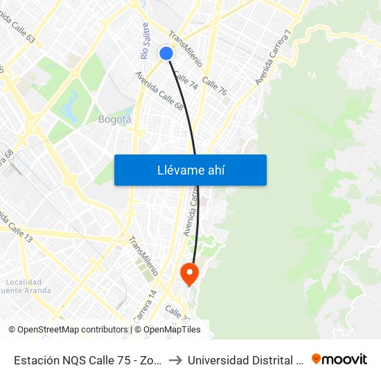 Estación NQS Calle 75 - Zona M (Av NQS - Cl 76) to Universidad Distrital Sede Macarena B map