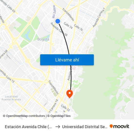 Estación Avenida Chile (Av. NQS - Cl 71c) to Universidad Distrital Sede Macarena B map