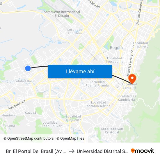 Br. El Portal Del Brasil (Av. Tintal - Cl 54g Sur) to Universidad Distrital Sede Macarena B map