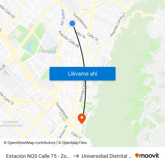 Estación NQS Calle 75 - Zona M (Av. NQS - Cl 75) to Universidad Distrital Sede Macarena B map