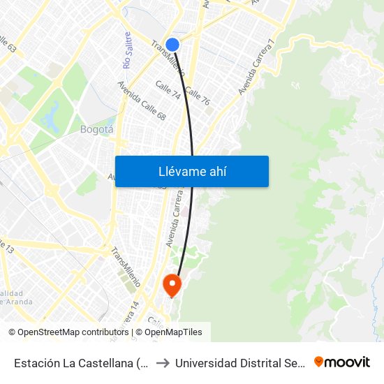 Estación La Castellana (Av NQS - Cl 86) to Universidad Distrital Sede Macarena B map