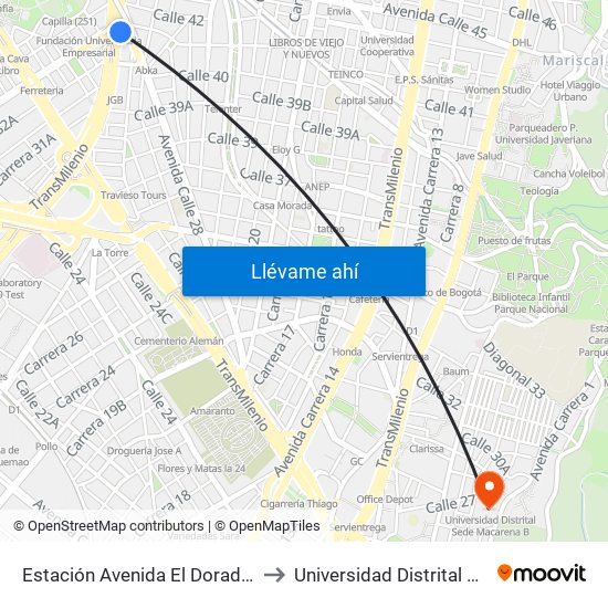 Estación Avenida El Dorado (Av. NQS - Cl 40a) to Universidad Distrital Sede Macarena B map