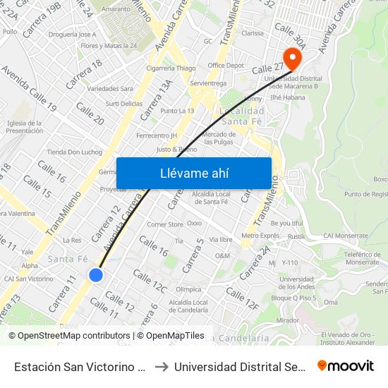 Estación San Victorino (Ak 10 - Cl 12) to Universidad Distrital Sede Macarena B map