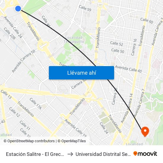 Estación Salitre - El Greco (Ac 26 - Kr 66) to Universidad Distrital Sede Macarena B map