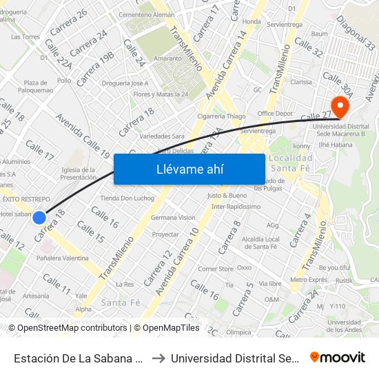 Estación De La Sabana (Ac 13 - Kr 18) to Universidad Distrital Sede Macarena B map