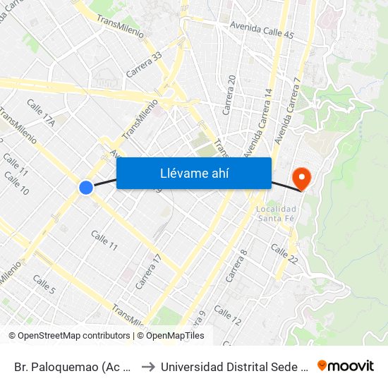 Br. Paloquemao (Ac 13 - Kr 29) to Universidad Distrital Sede Macarena B map