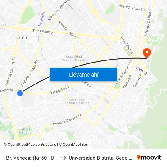 Br. Venecia (Kr 50 - Dg 45 Sur) to Universidad Distrital Sede Macarena B map