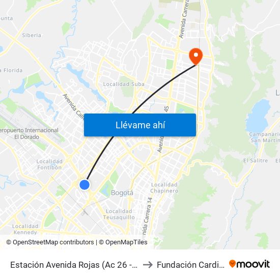 Estación Avenida Rojas (Ac 26 - Kr 69d Bis) (B) to Fundación Cardio Infantil map