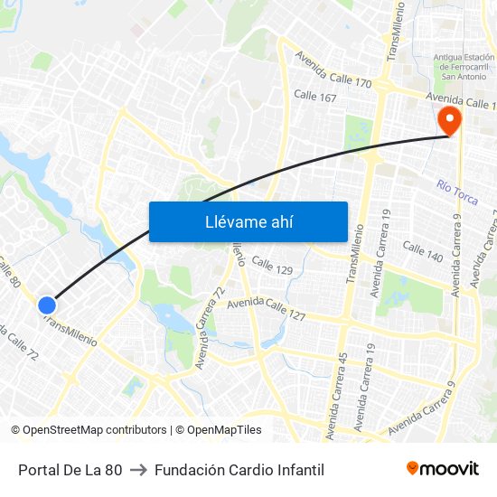 Portal De La 80 to Fundación Cardio Infantil map