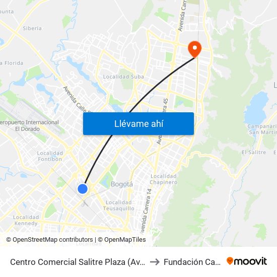 Centro Comercial Salitre Plaza (Av. La Esperanza - Kr 68b) to Fundación Cardio Infantil map