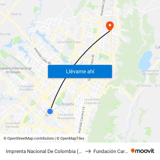 Imprenta Nacional De Colombia (Av. Esperanza - Kr 66) to Fundación Cardio Infantil map