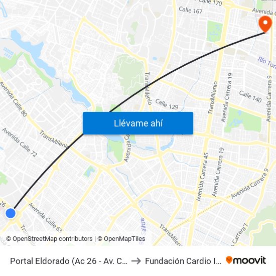 Portal Eldorado (Ac 26 - Av. C. De Cali) to Fundación Cardio Infantil map