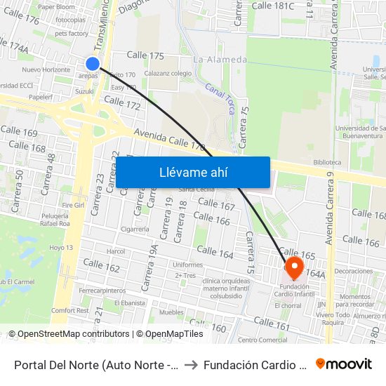 Portal Del Norte (Auto Norte - Cl 174a) to Fundación Cardio Infantil map