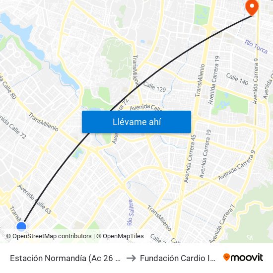 Estación Normandía (Ac 26 - Kr 74) to Fundación Cardio Infantil map