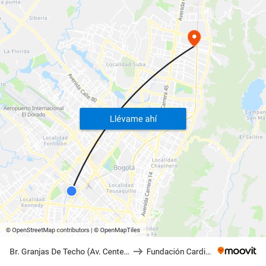 Br. Granjas De Techo (Av. Centenario - Kr 65) to Fundación Cardio Infantil map