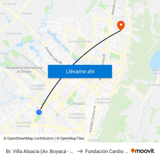 Br. Villa Alsacia (Av. Boyacá - Cl 12a) (A) to Fundación Cardio Infantil map