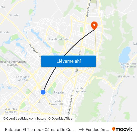 Estación El Tiempo - Cámara De Comercio De Bogotá (Ac 26 - Kr 68b Bis) to Fundación Cardio Infantil map