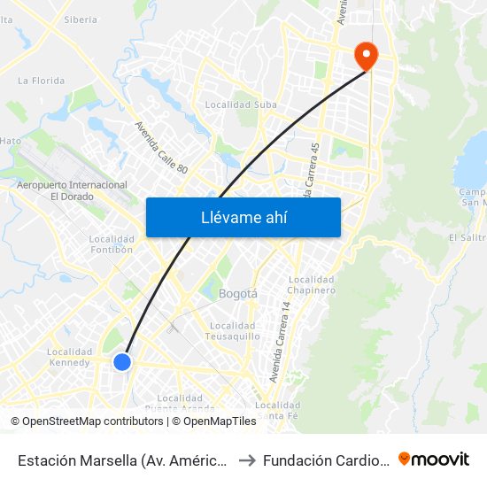 Estación Marsella (Av. Américas - Kr 69b) to Fundación Cardio Infantil map